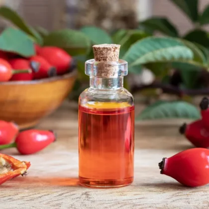 Organic rosehip oil in bulk – cold-pressed carrier oil for cosmetic formulations, Small glass bottle with a cork stopper containing amber rosehip oil, set on a wooden surface with fresh rose hips nearby.